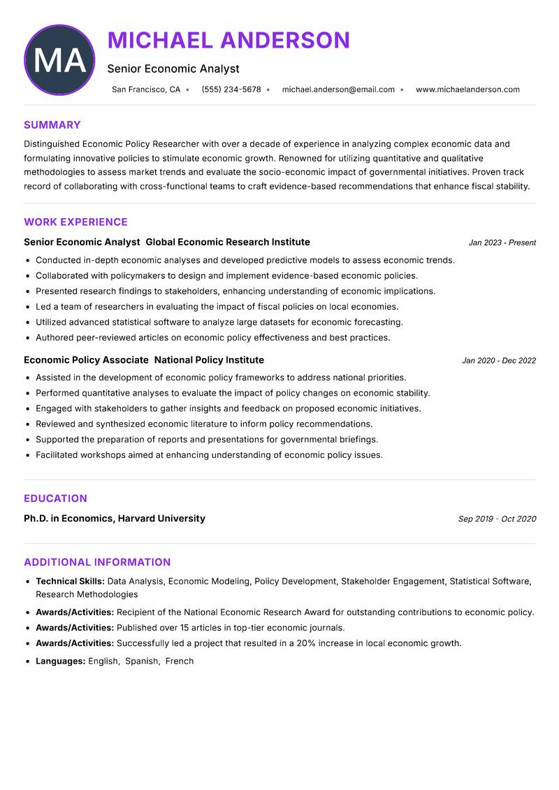 Economic Policy Researcher resume example