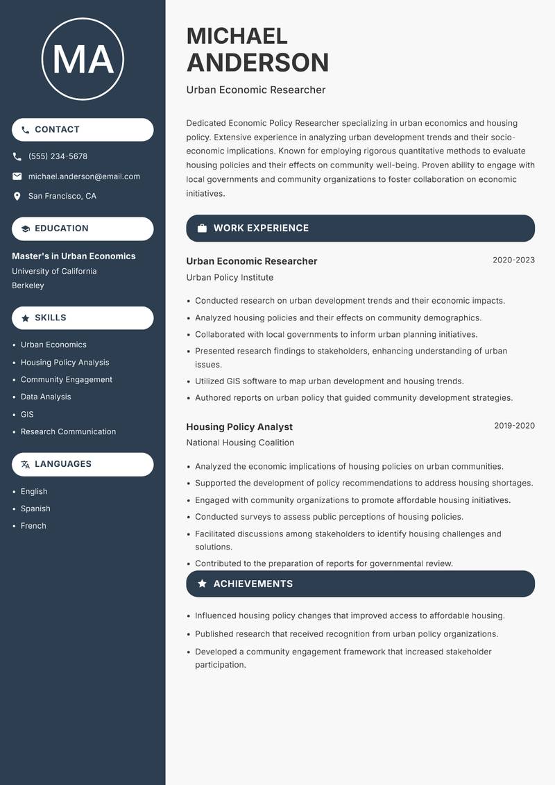Economic Policy Researcher resume sample — Urban Economic Researcher focus