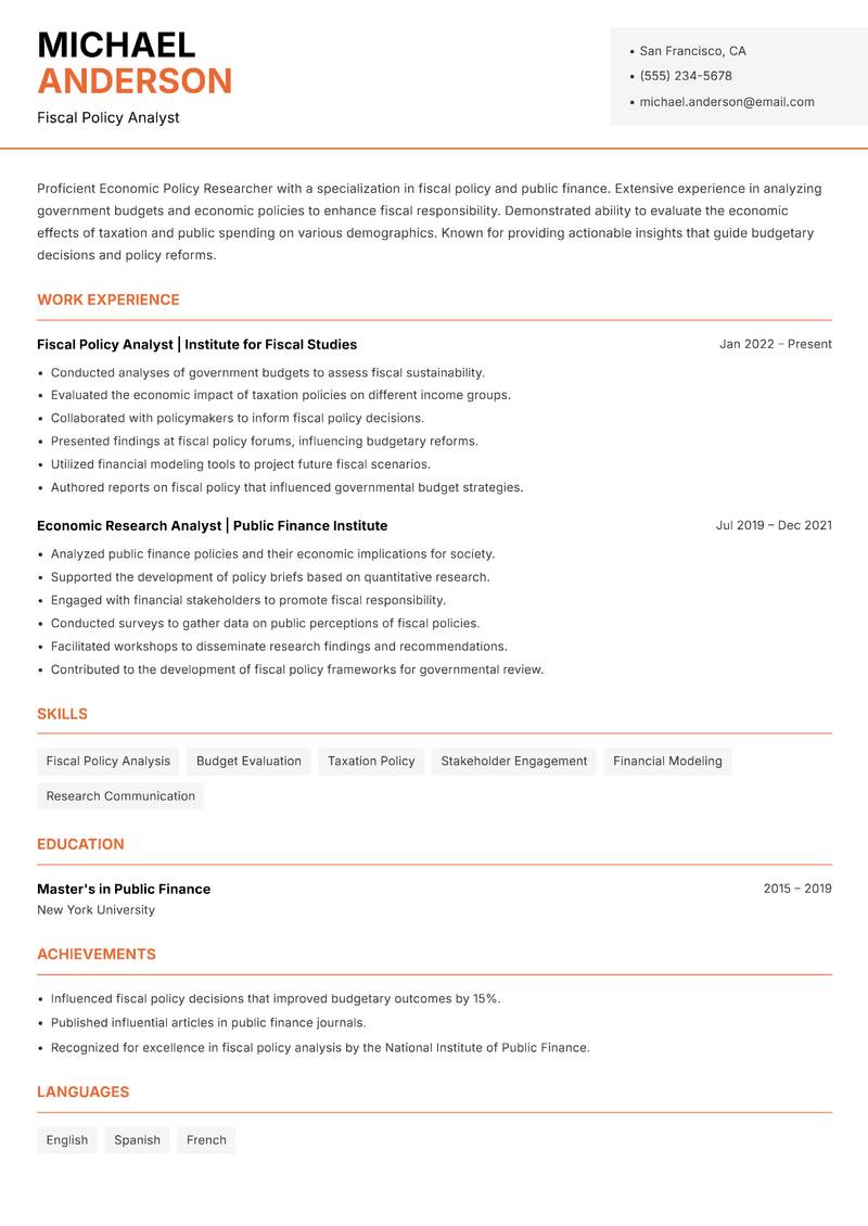 Economic Policy Researcher resume sample — Fiscal Policy Analyst focus