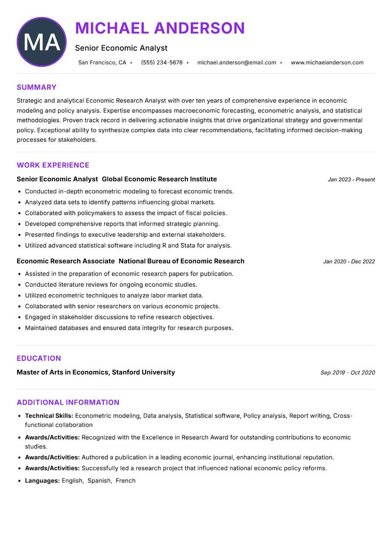 Economic Research Analyst resume example