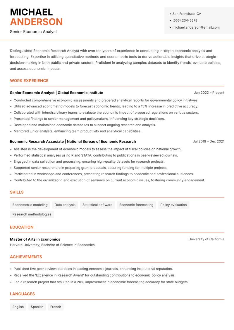 Economic Research Analyst resume sample — Senior Economic Analyst focus