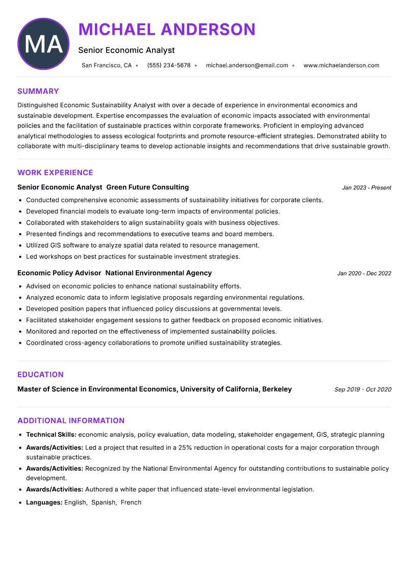 Economic Sustainability Analyst resume example