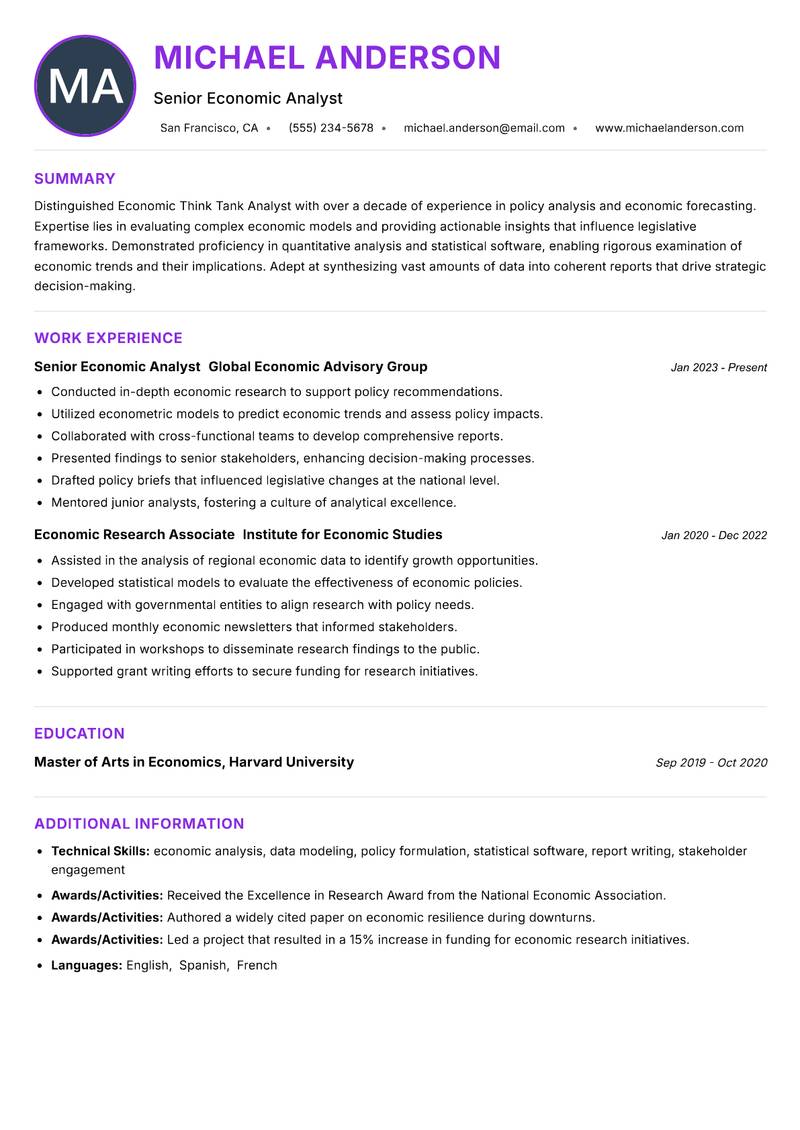 Economic Think Tank Analyst resume example
