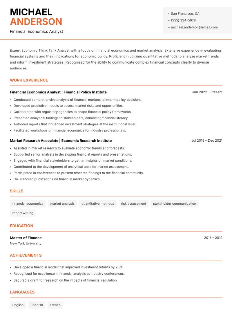 Economic Think Tank Analyst resume sample — Financial Economics Analyst focus
