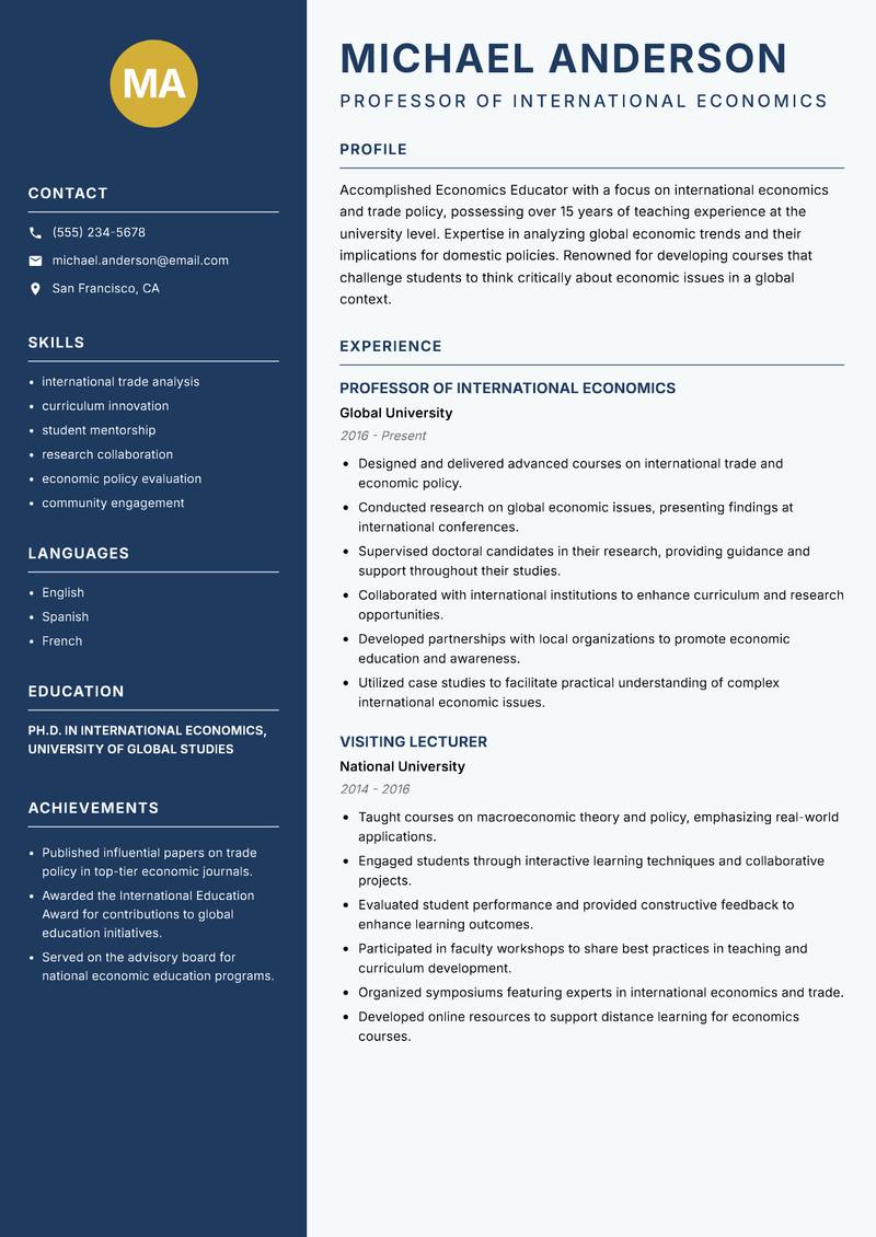 Economics Educator resume sample — Professor of International Economics focus