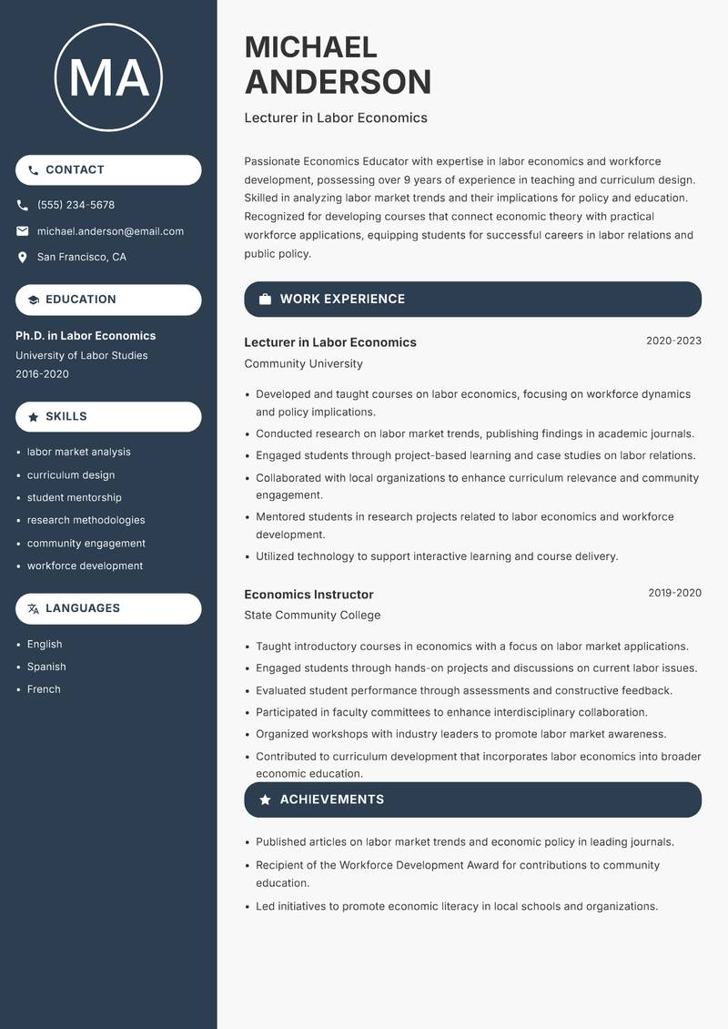 Economics Educator resume sample — Lecturer in Labor Economics focus