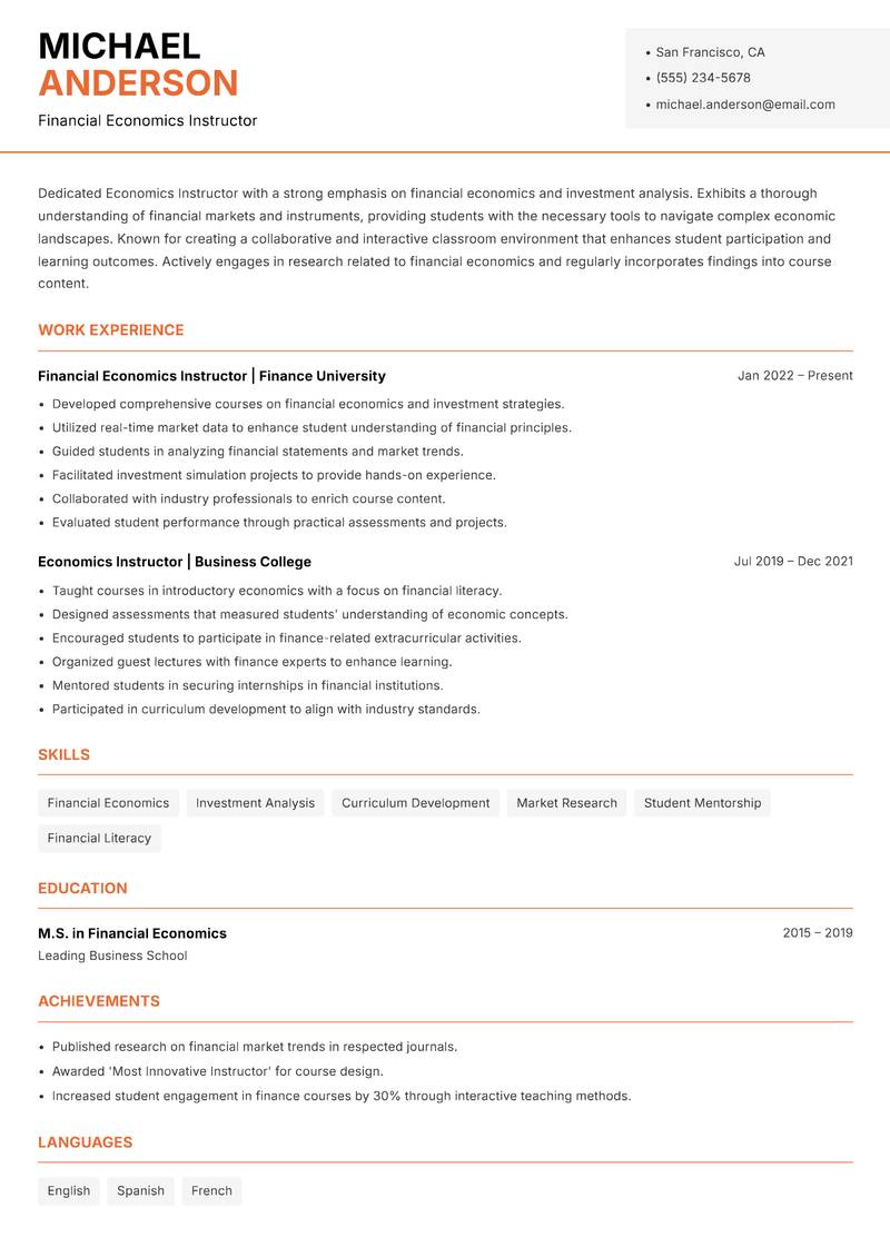 Economics Instructor resume sample — Financial Economics Instructor focus