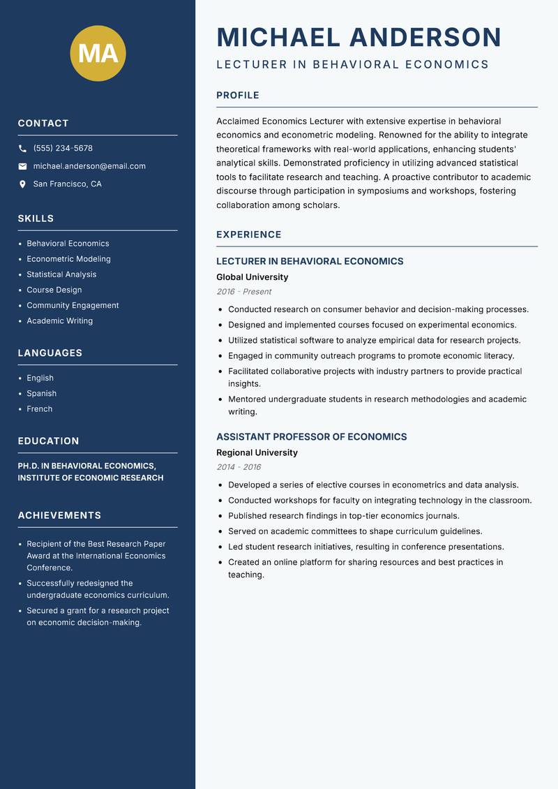 Economics Lecturer resume sample — Lecturer in Behavioral Economics focus