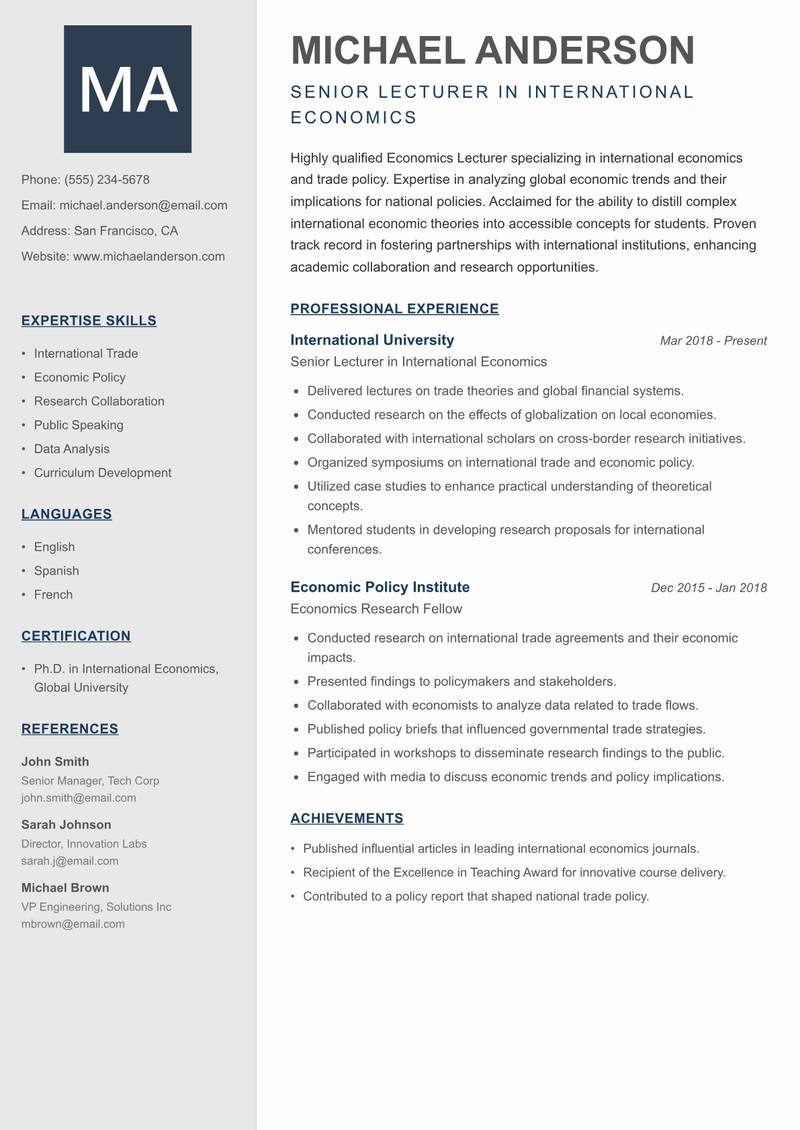Economics Lecturer resume sample — Senior Lecturer in International Economics focus