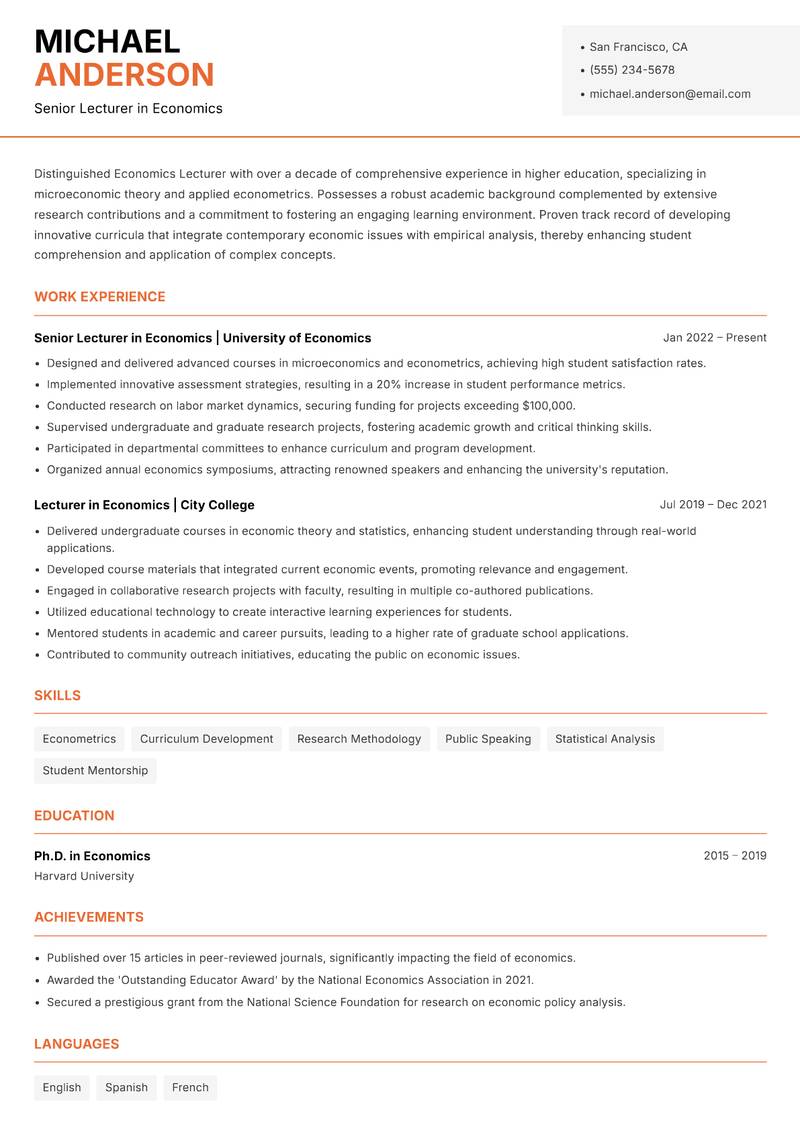 Economics Lecturer resume sample — Senior Lecturer in Economics focus