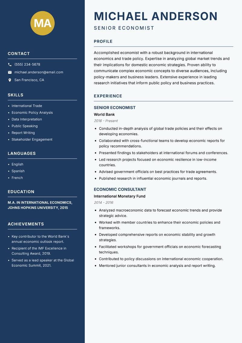 Economics Professor resume sample — Senior Economist focus