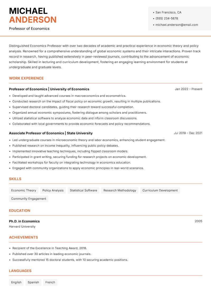 Economics Professor resume sample — Professor of Economics focus
