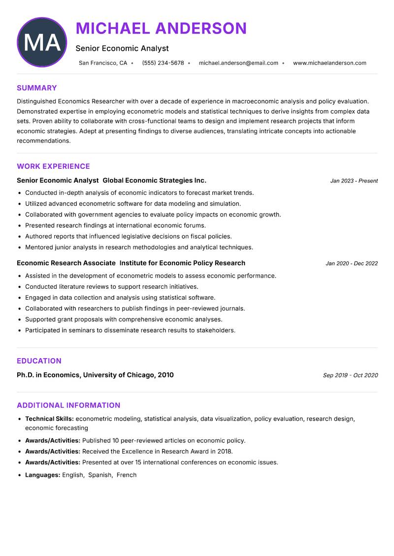 Economics Researcher resume example