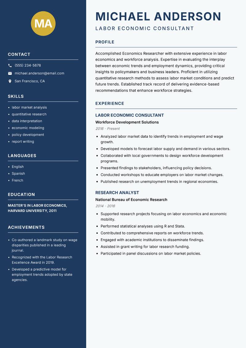 Economics Researcher resume sample — Labor Economic Consultant focus