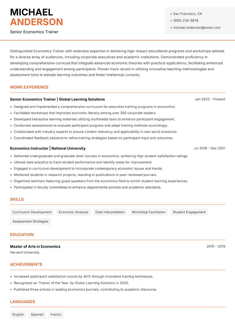 Economics Trainer resume sample — Senior Economics Trainer focus