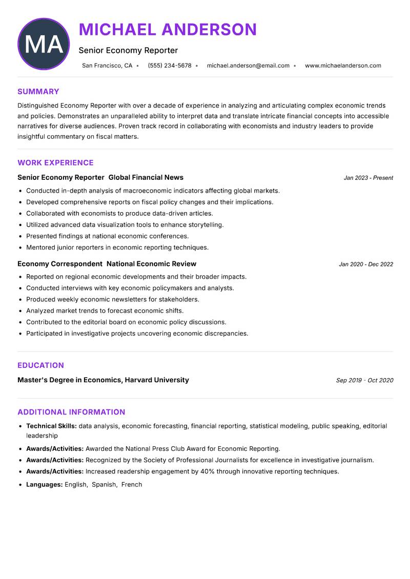 Economy Reporter resume example