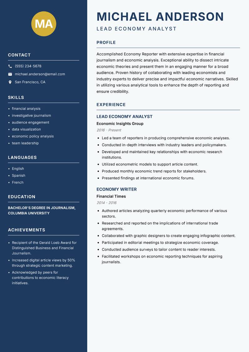 Economy Reporter resume sample — Lead Economy Analyst focus