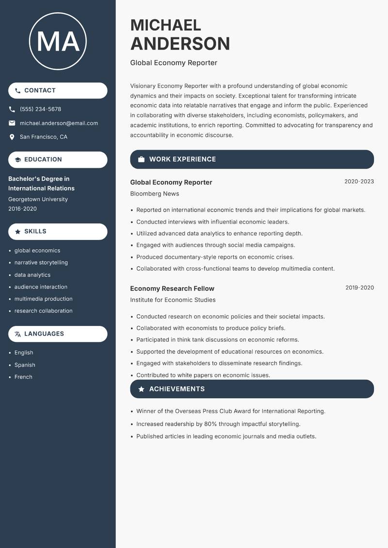 Economy Reporter resume sample — Global Economy Reporter focus