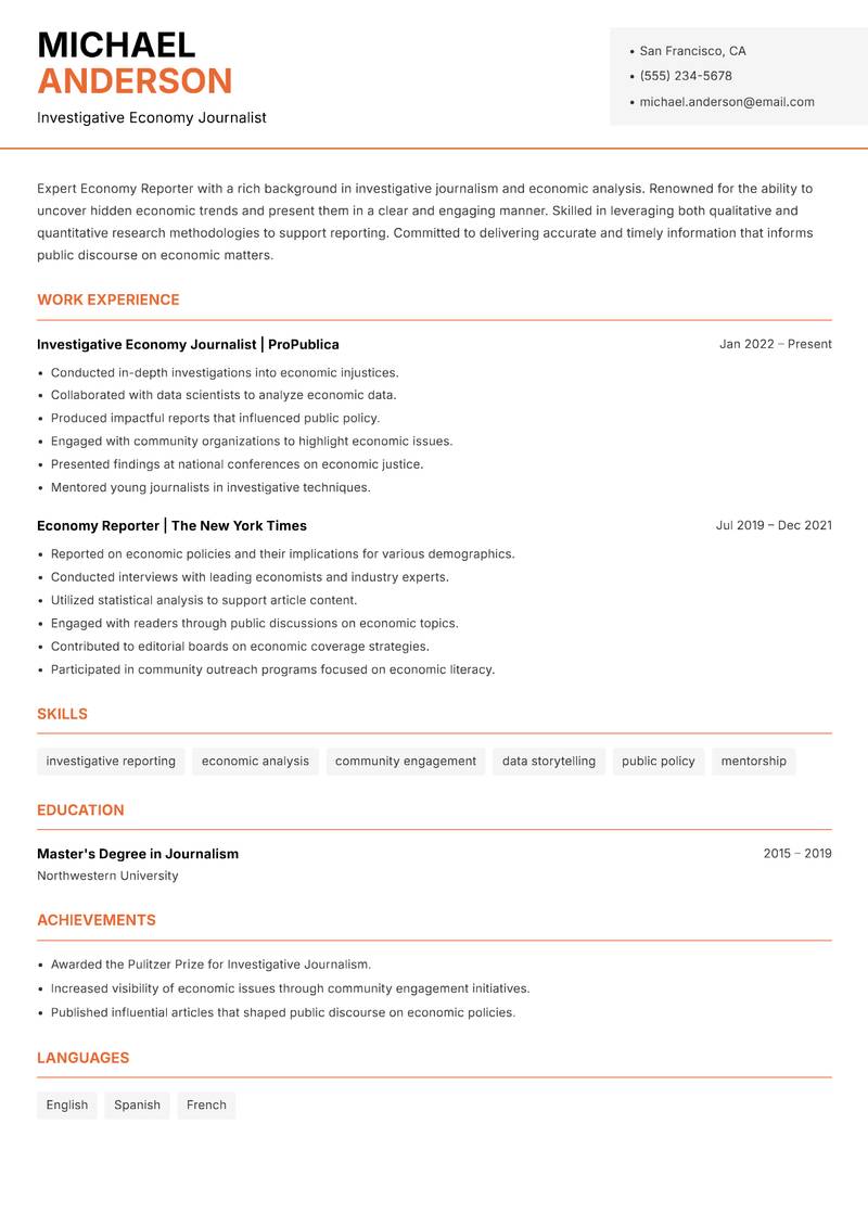 Economy Reporter resume sample — Investigative Economy Journalist focus