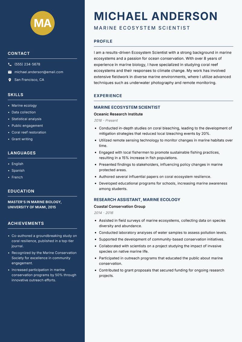 Ecosystem Scientist resume sample — Marine Ecosystem Scientist focus