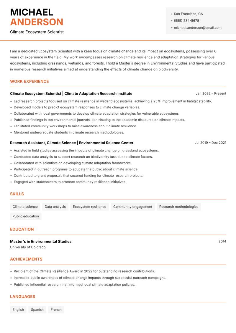 Ecosystem Scientist resume sample — Climate Ecosystem Scientist focus