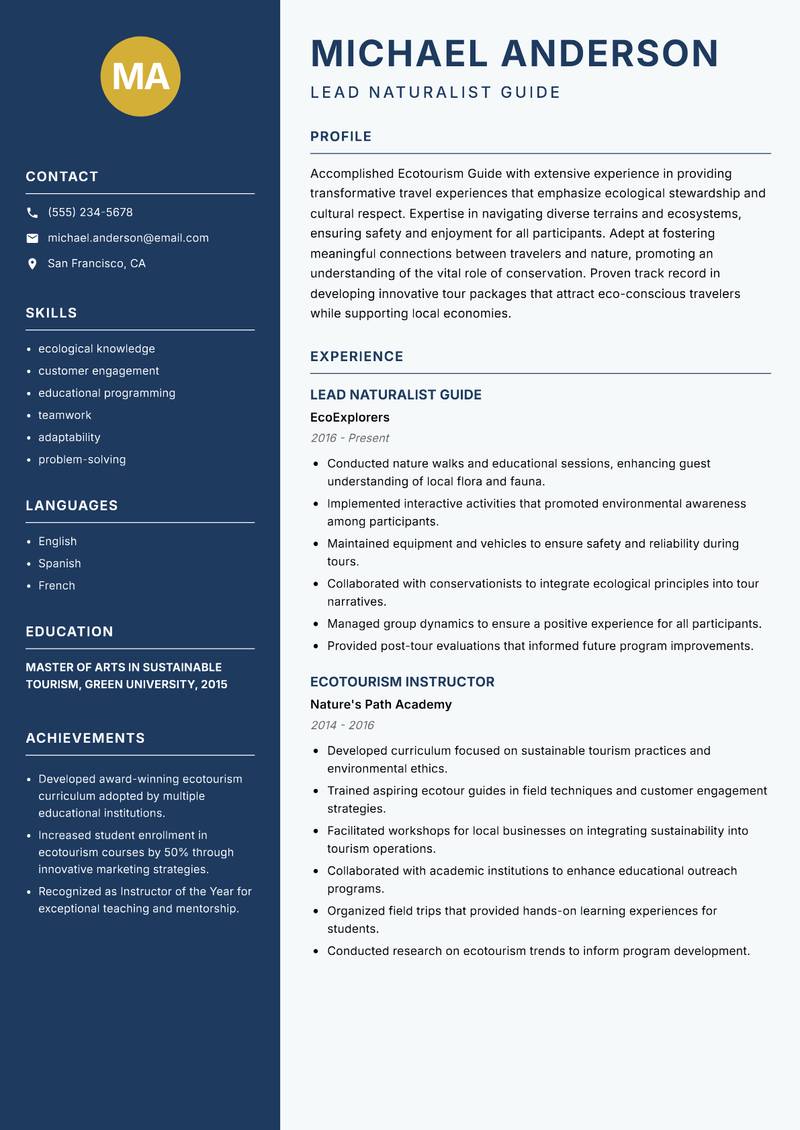 Ecotourism Guide resume sample — Lead Naturalist Guide focus