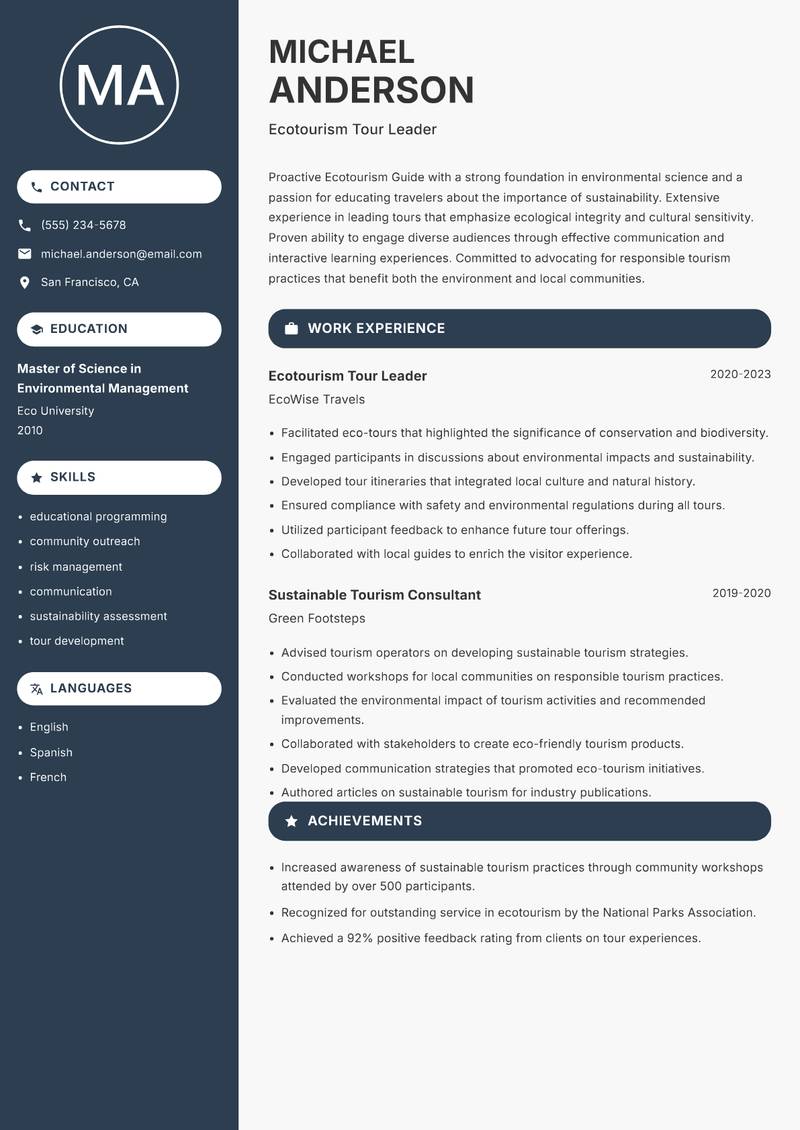 Ecotourism Guide resume sample — Ecotourism Tour Leader focus