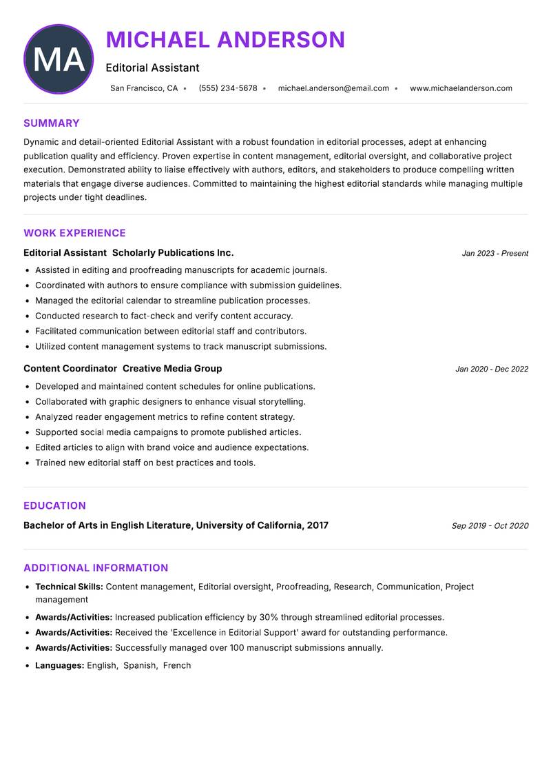 Editorial Assistant resume example