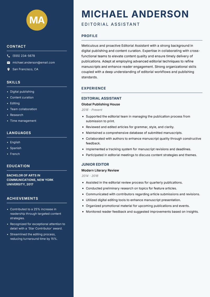 Editorial Assistant resume sample — Editorial Assistant focus