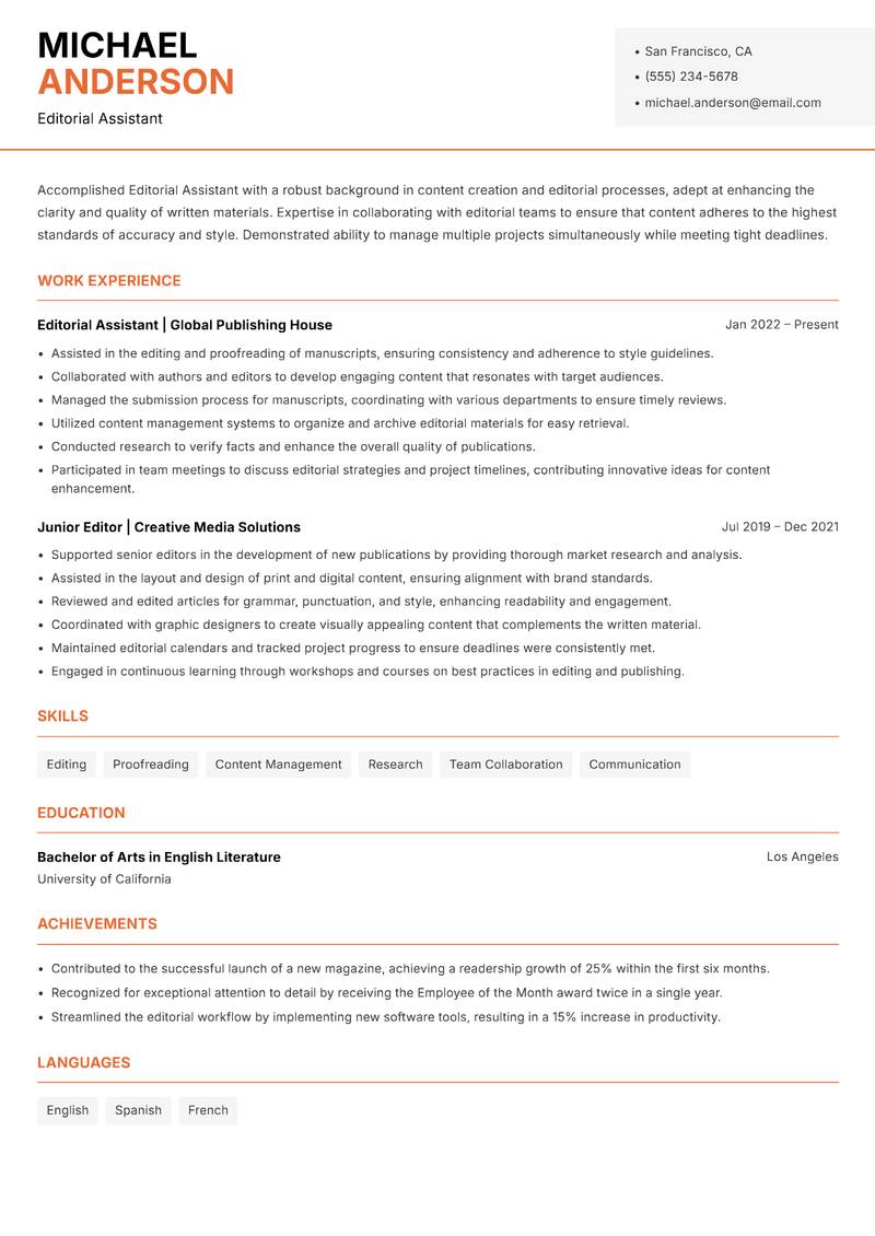 Editorial Assistant resume sample — Editorial Assistant focus
