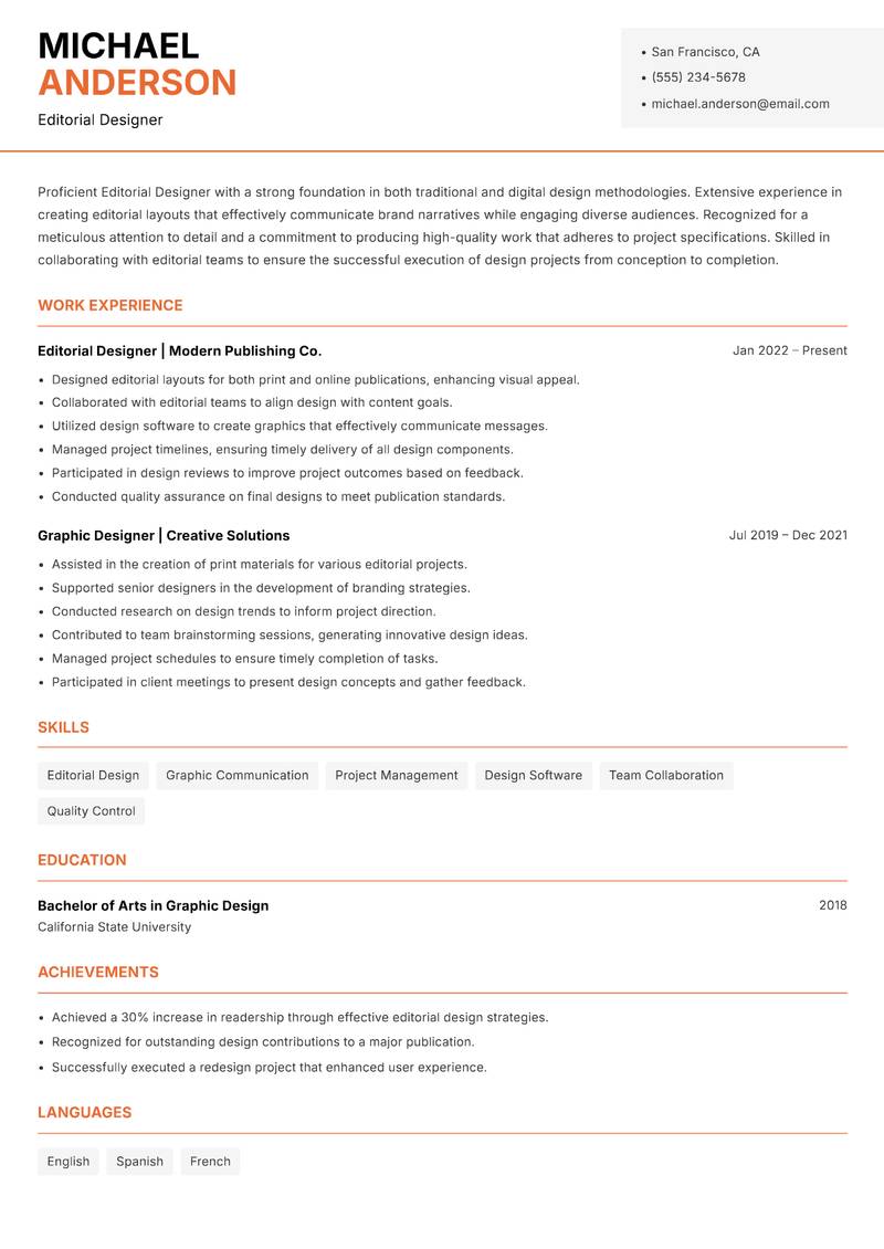 Editorial Designer resume sample — Editorial Designer focus