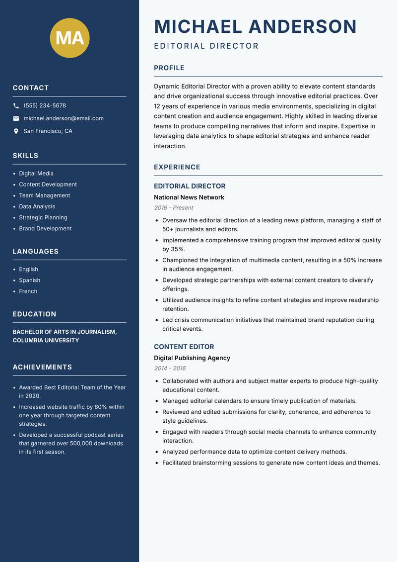 Editorial Director resume sample — Editorial Director focus