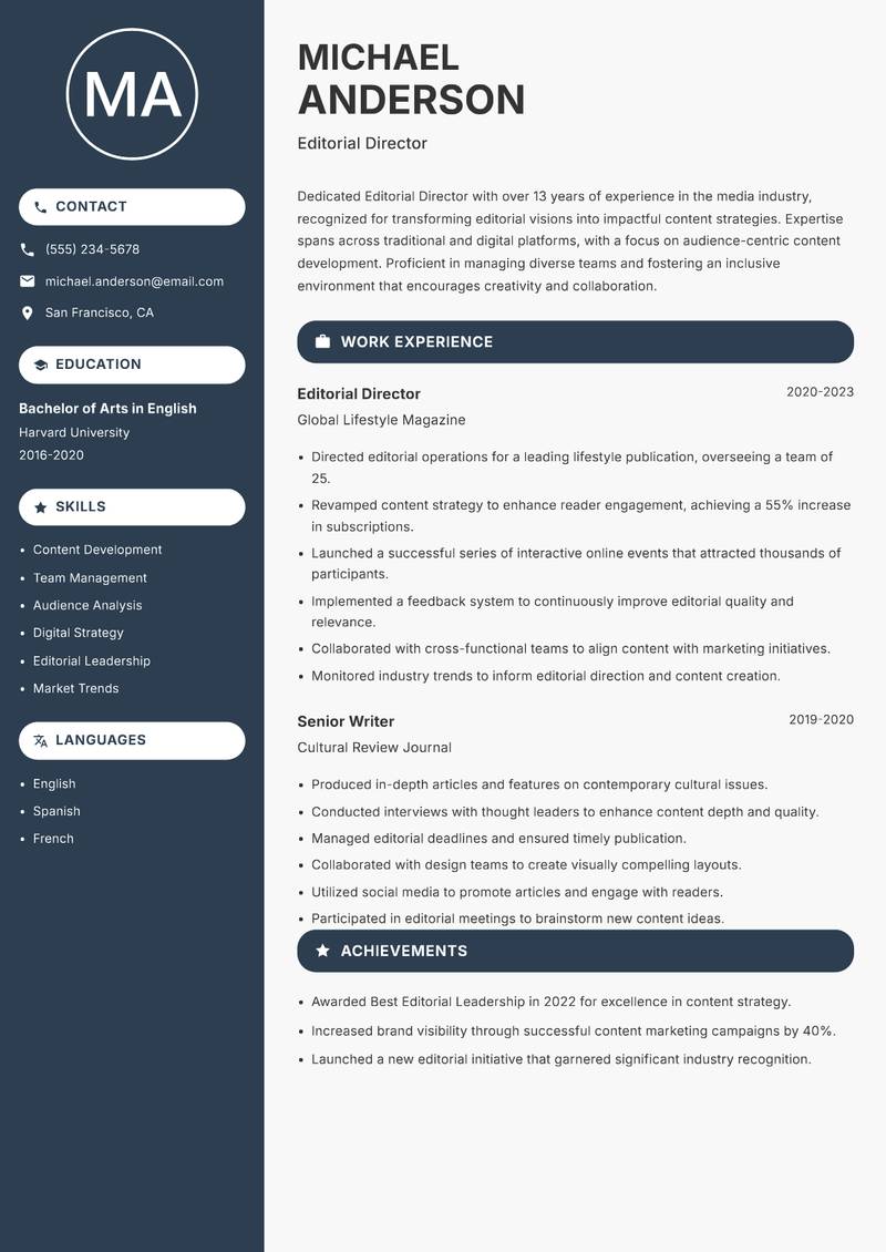 Editorial Director resume sample — Editorial Director focus