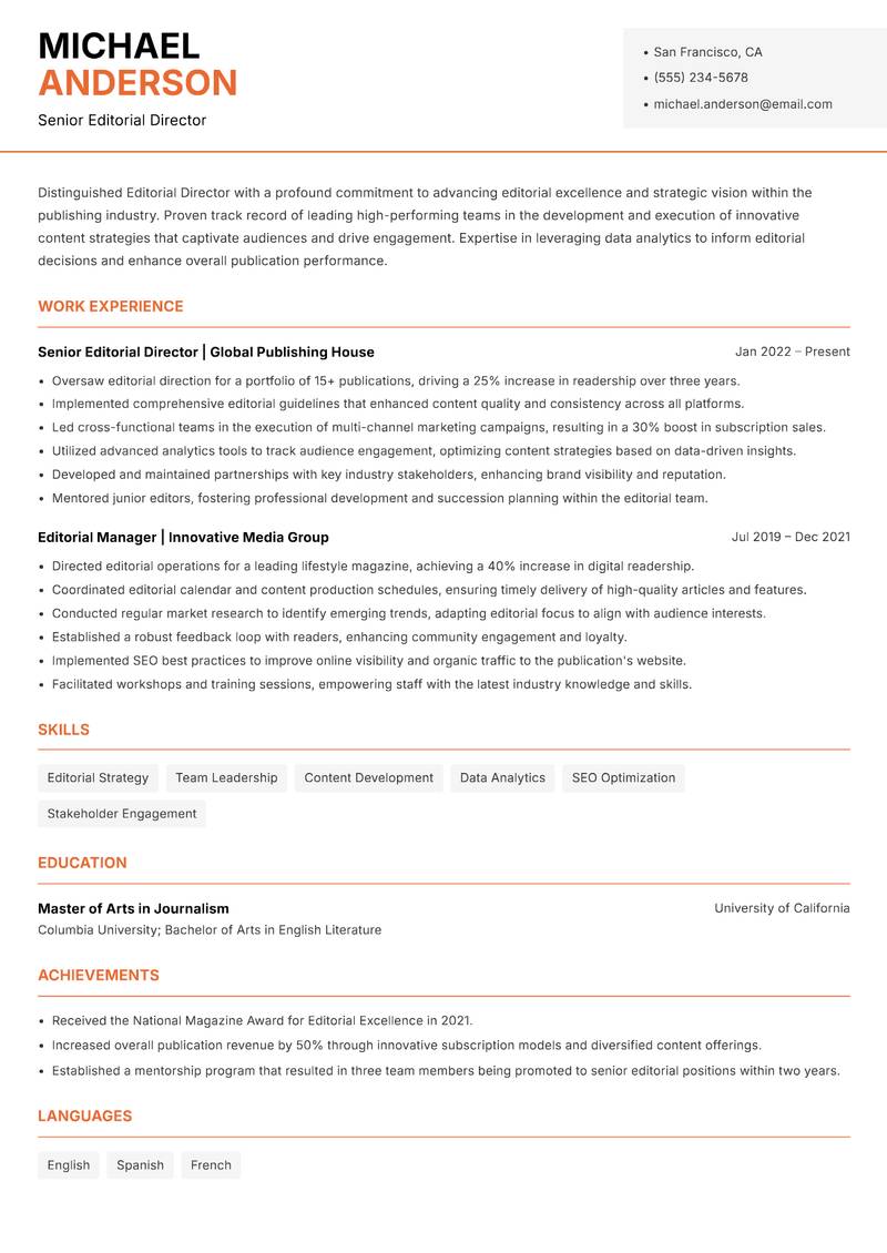 Editorial Director resume sample — Senior Editorial Director focus