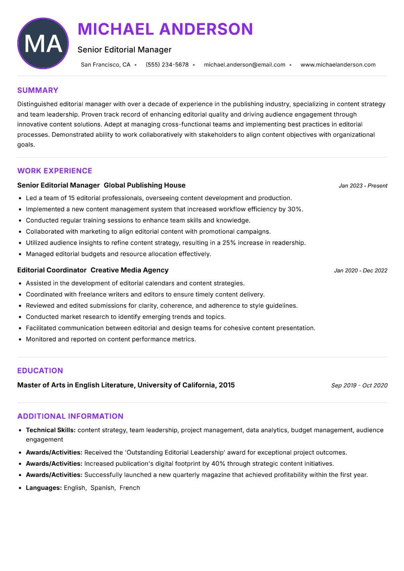 Editorial Manager resume example