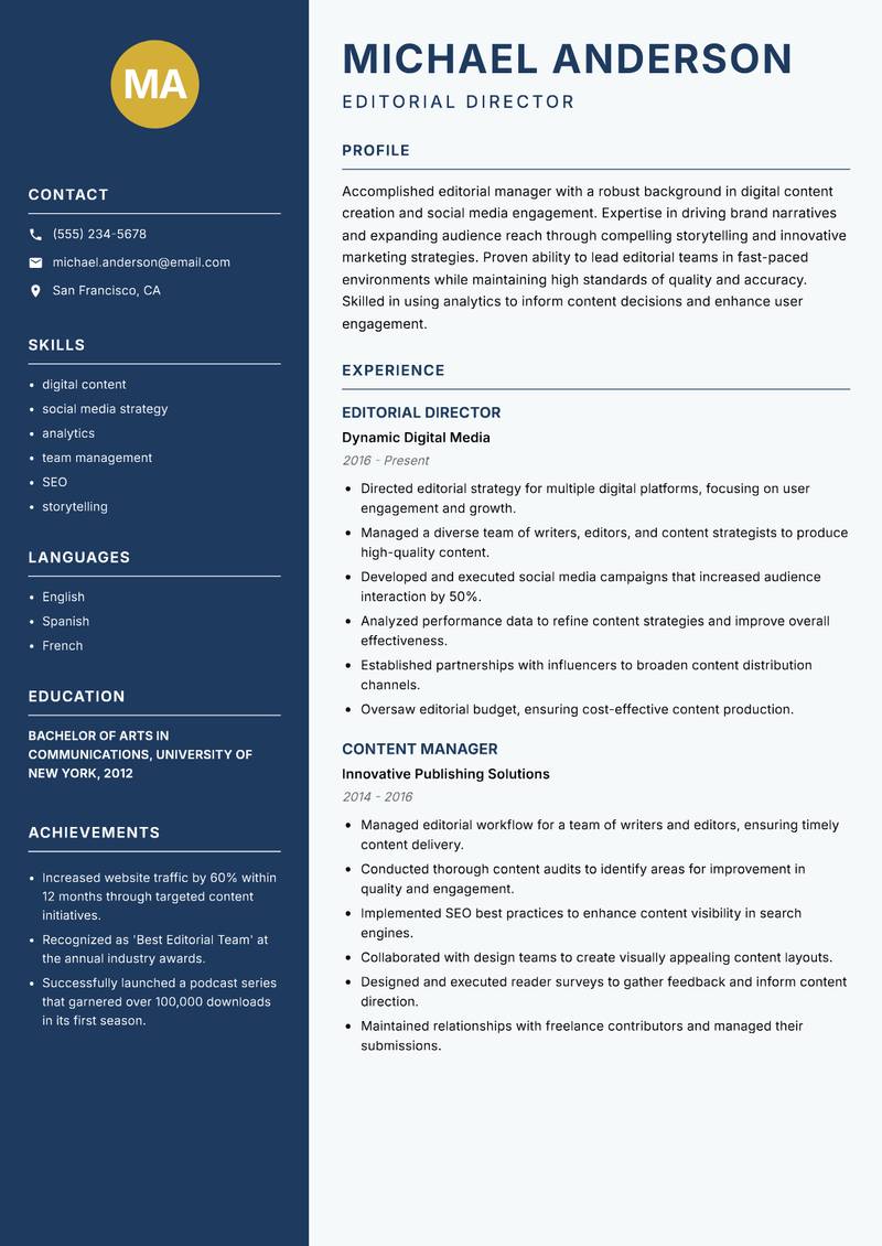 Editorial Manager resume sample — Editorial Director focus