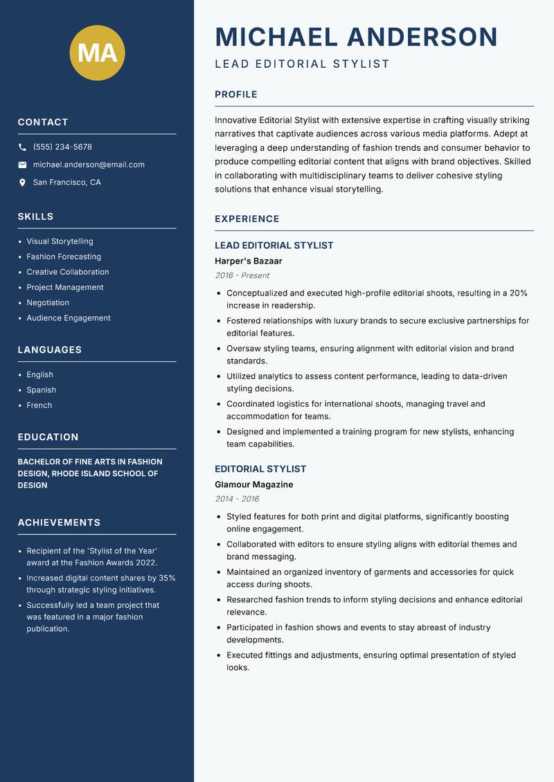 Editorial Stylist resume sample — Lead Editorial Stylist focus