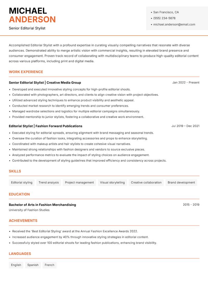 Editorial Stylist resume sample — Senior Editorial Stylist focus
