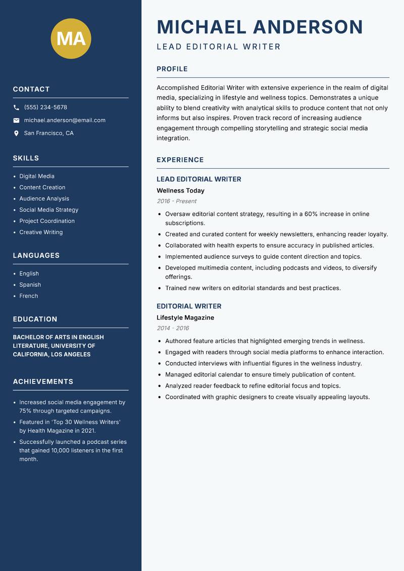 Editorial Writer resume sample — Lead Editorial Writer focus