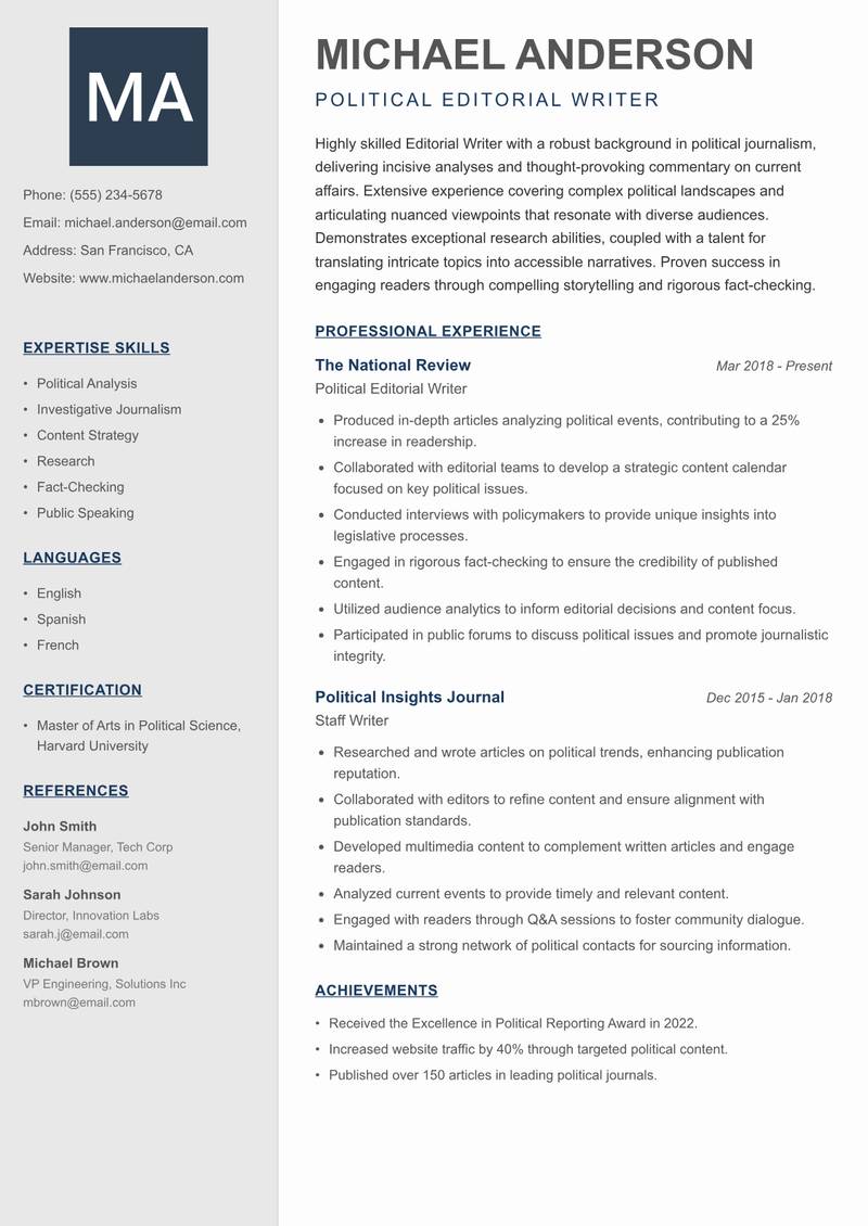 Editorial Writer resume sample — Political Editorial Writer focus