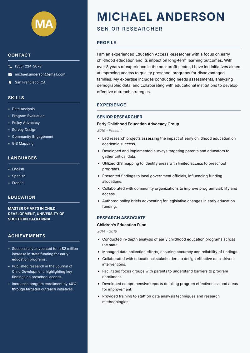 Education Access Researcher resume sample — Senior Researcher focus
