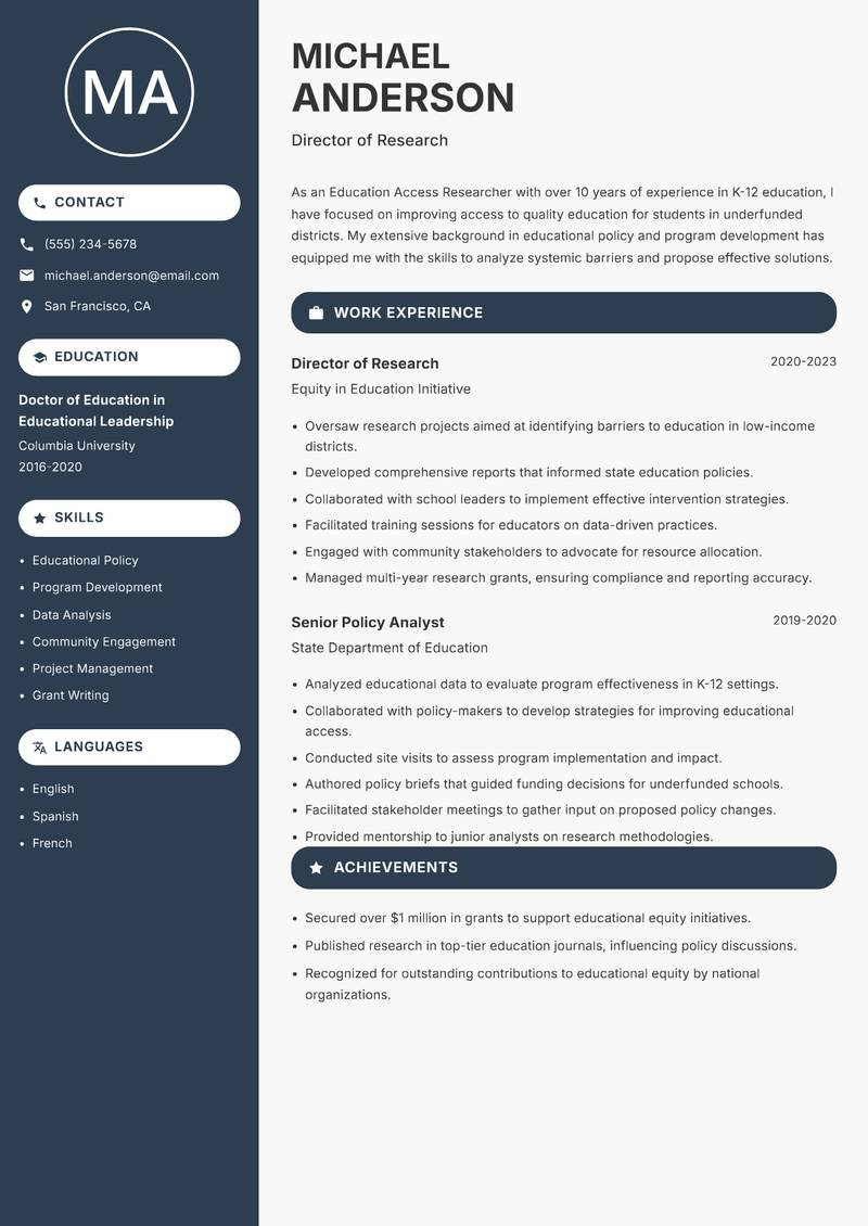 Education Access Researcher resume sample — Director of Research focus