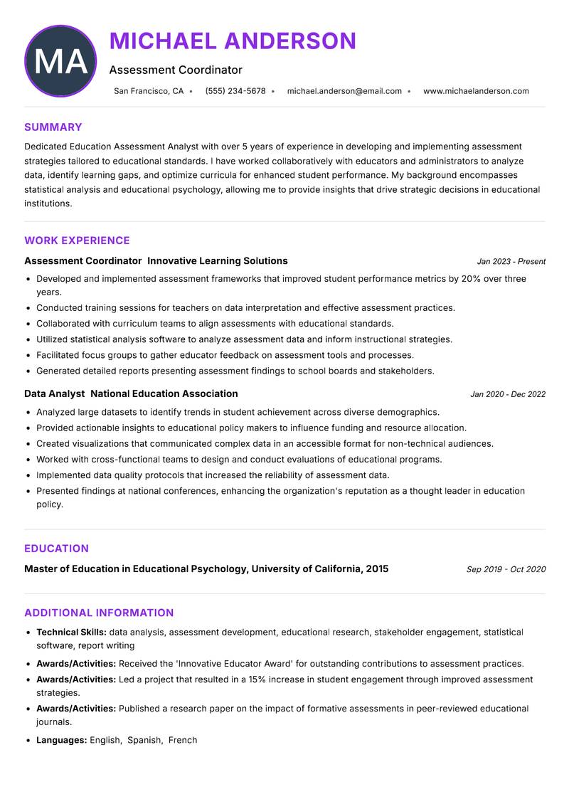Education Assessment Analyst resume example