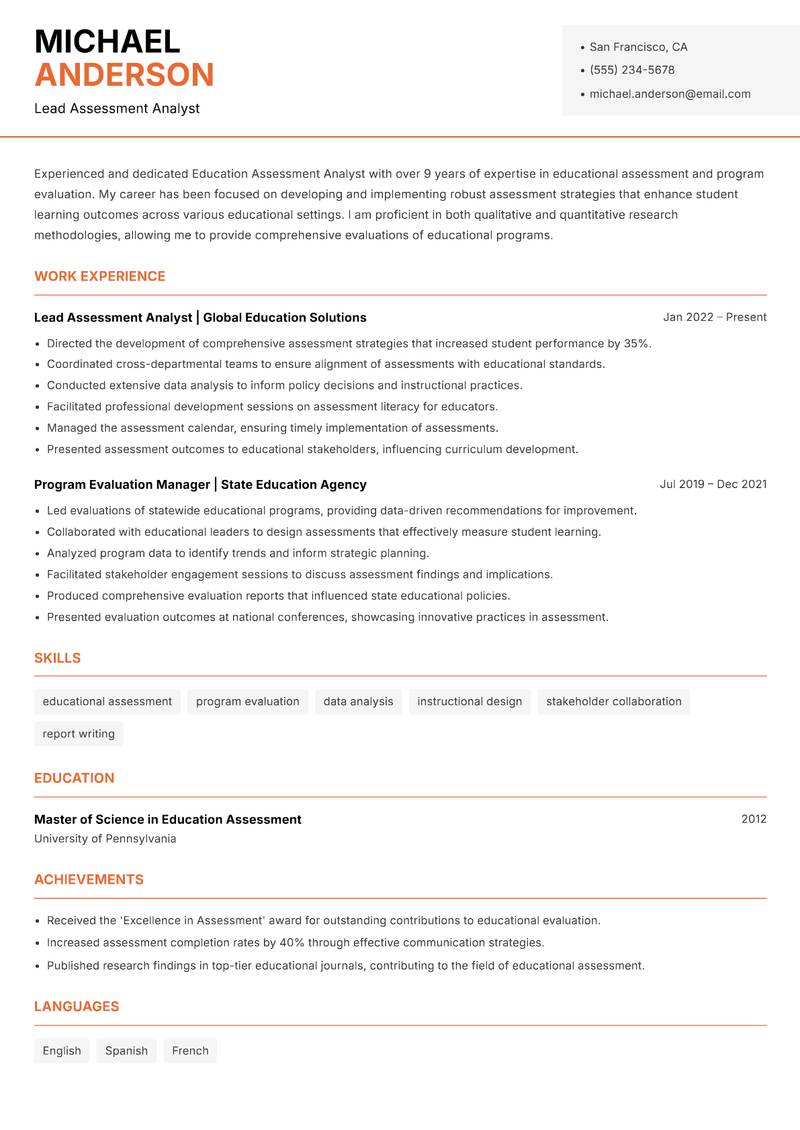 Education Assessment Analyst resume sample — Lead Assessment Analyst focus