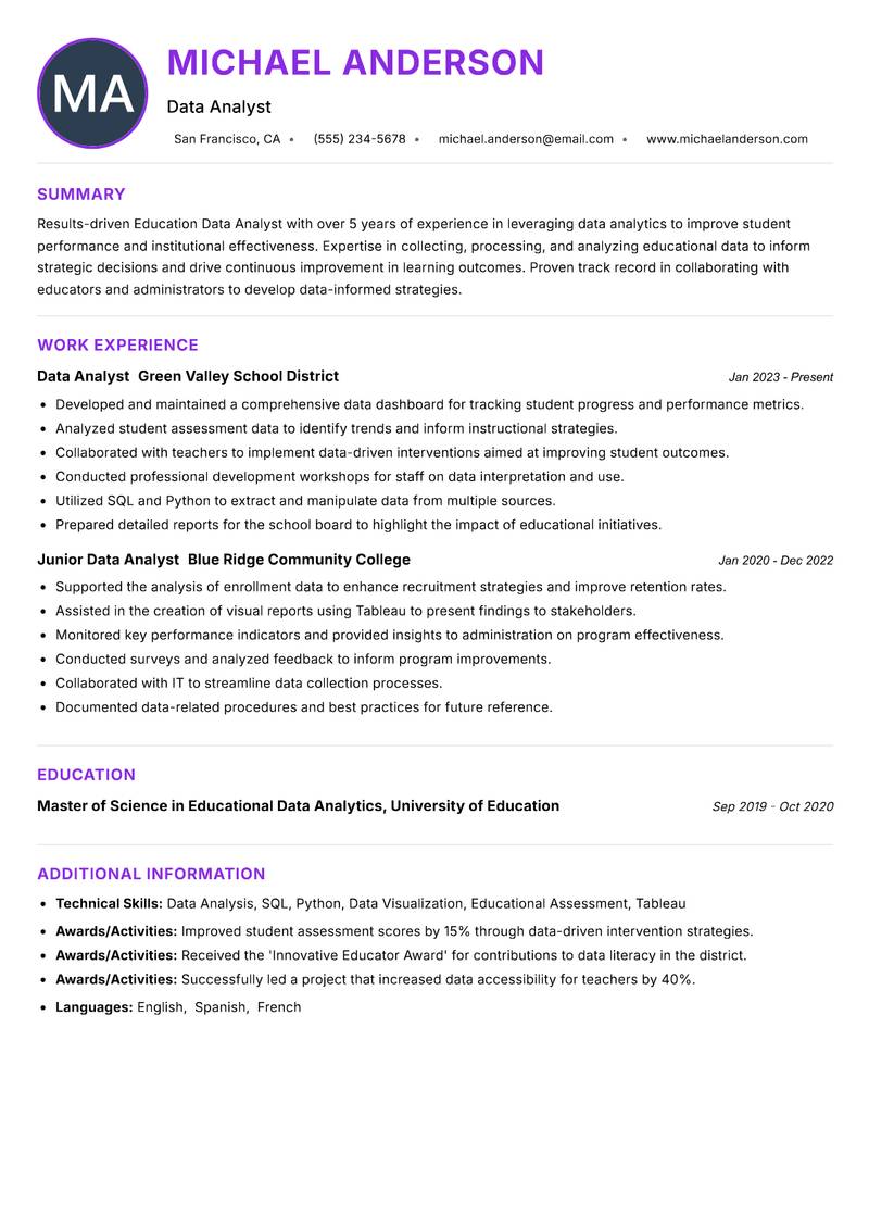Education Data Analyst resume example
