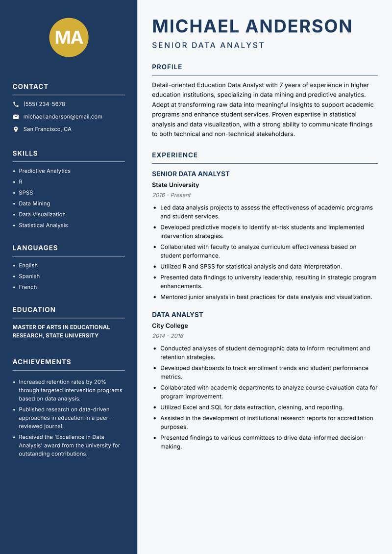 Education Data Analyst resume sample — Senior Data Analyst focus