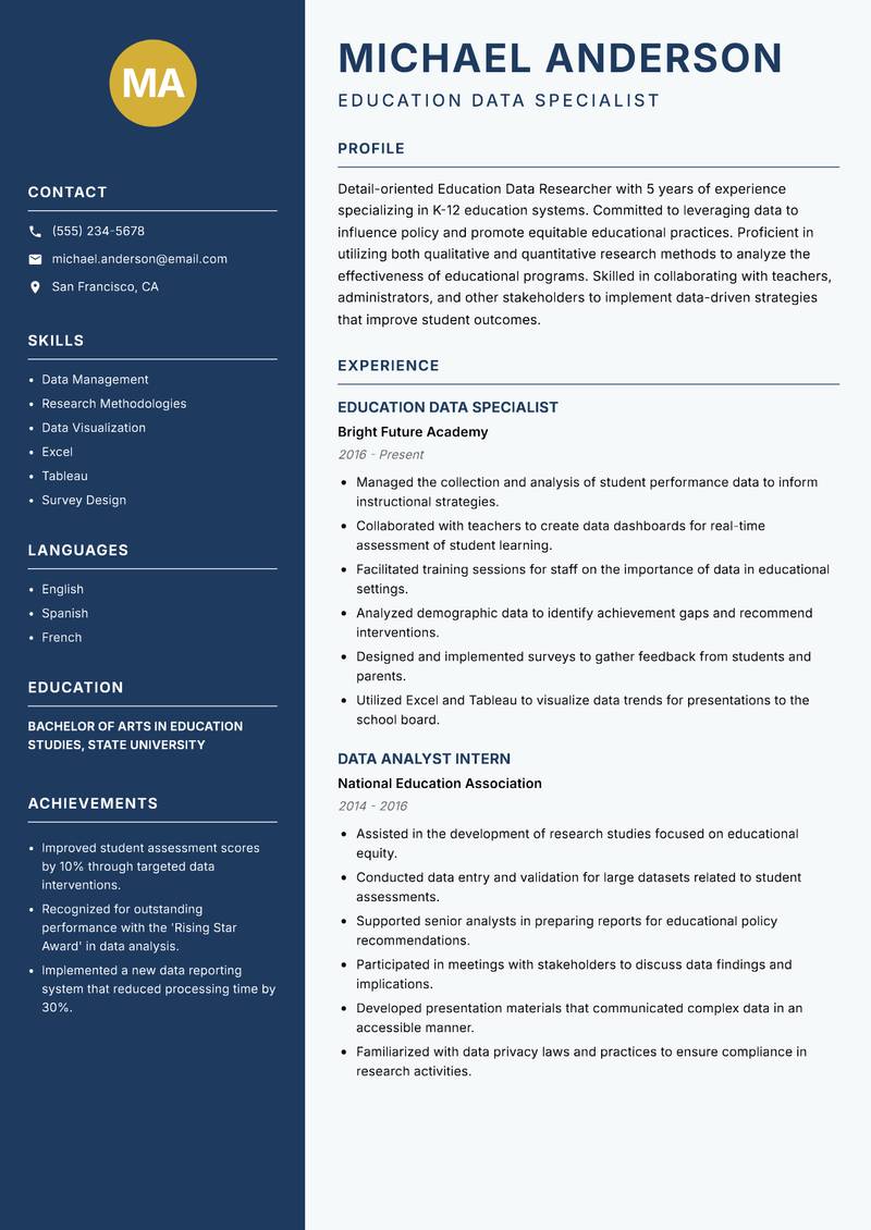 Education Data Researcher resume sample — Education Data Specialist focus