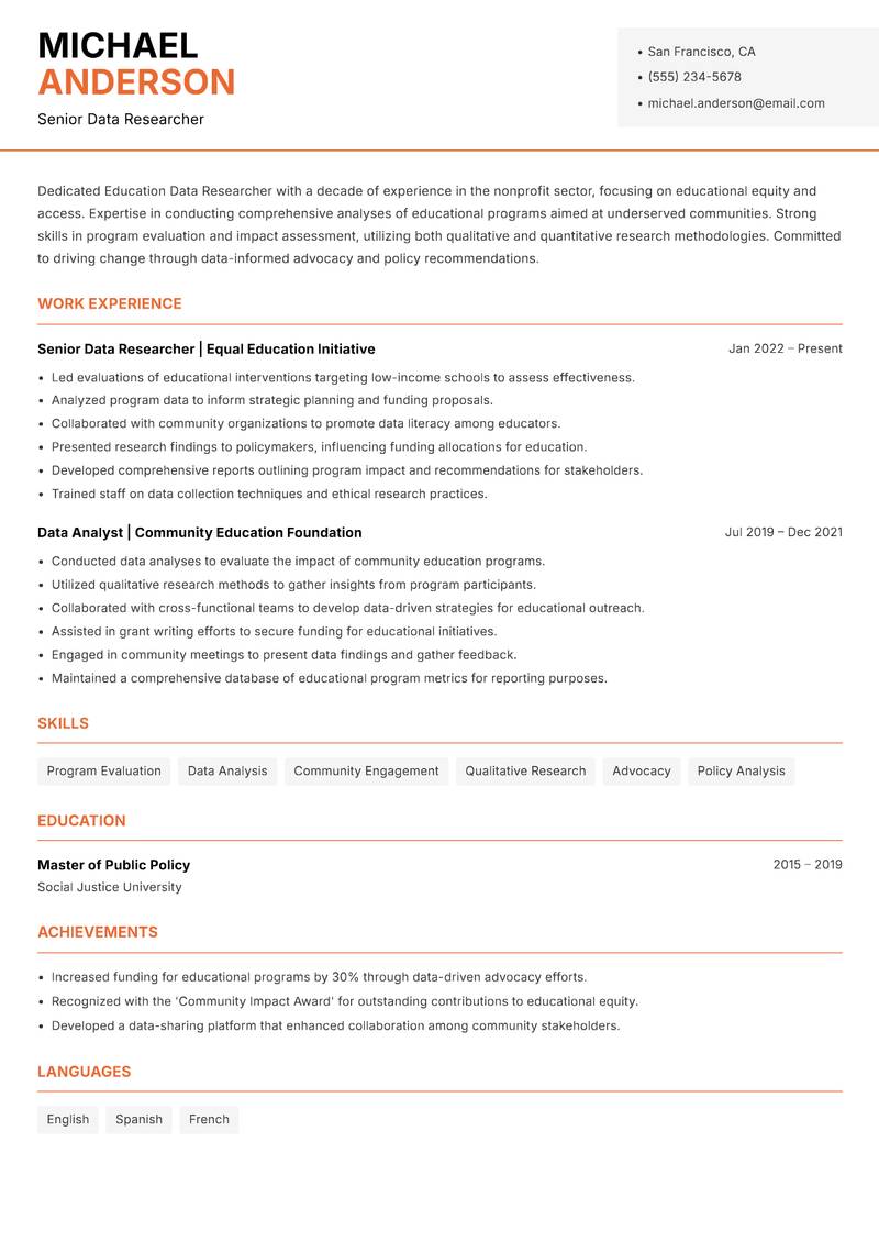Education Data Researcher resume sample — Senior Data Researcher focus