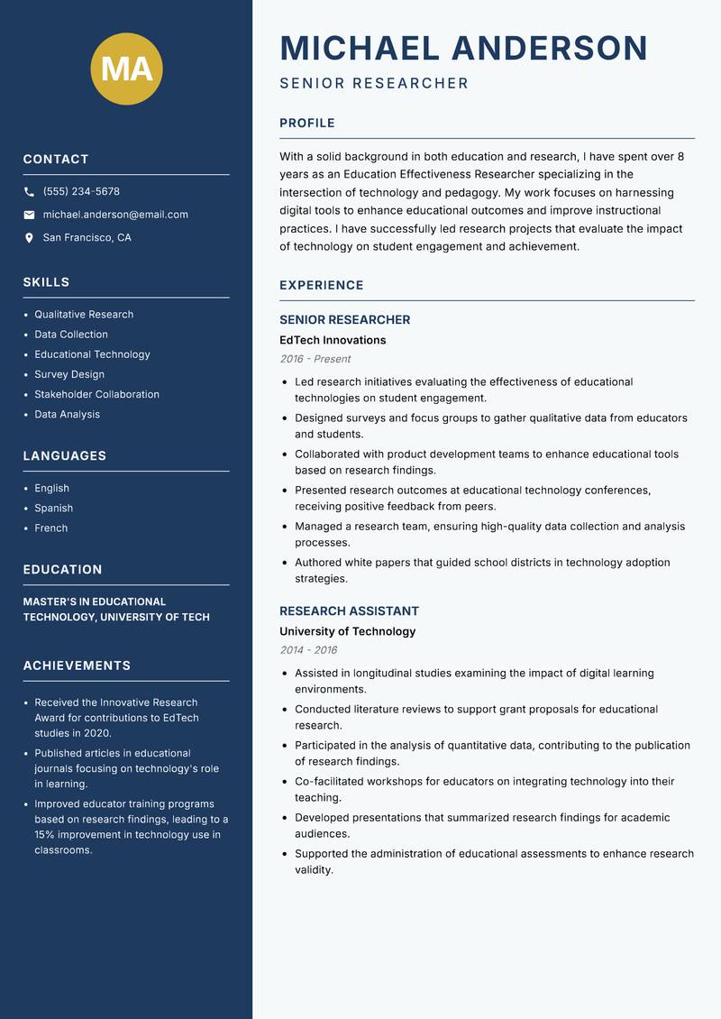 Education Effectiveness Researcher resume sample — Senior Researcher focus