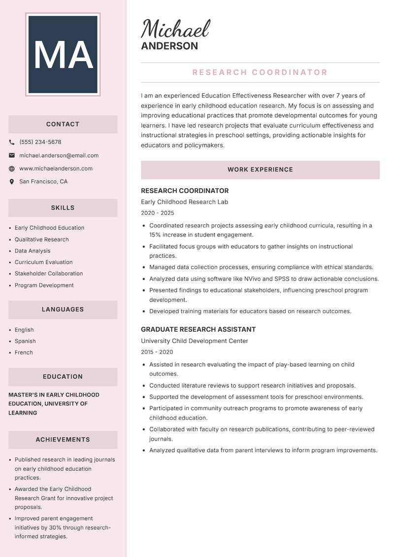 Education Effectiveness Researcher resume sample — Research Coordinator focus